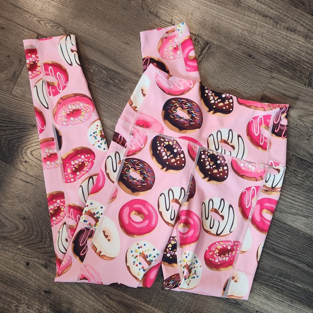 Woman Muscles And Donuts Leggings Size Medium Multicolored Pockets Stretch Funny